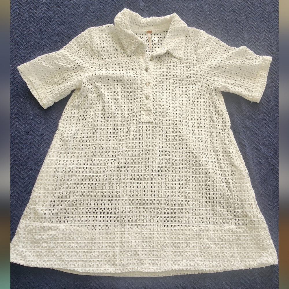 Free People White Crochet Polo Tunic Dress